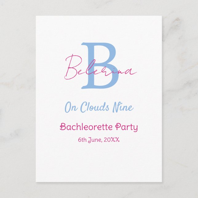 blue pink on clouds nine monogram bachelorette par vykort (Framsida)