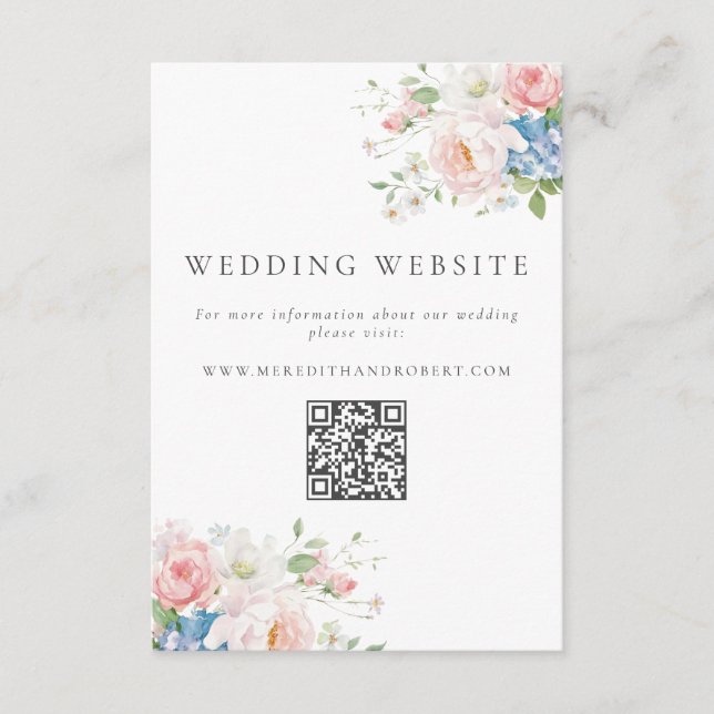 Blue & Pink Pastel Floral QR Wedding Website Tilläggskort (Framsida)