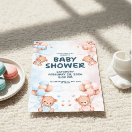 Blue Pink Teddy Bear Gender Reveal Baby Shower Inbjudningar