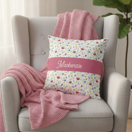 Blue Pink Wildflower Botanical Monogram Name Kudde