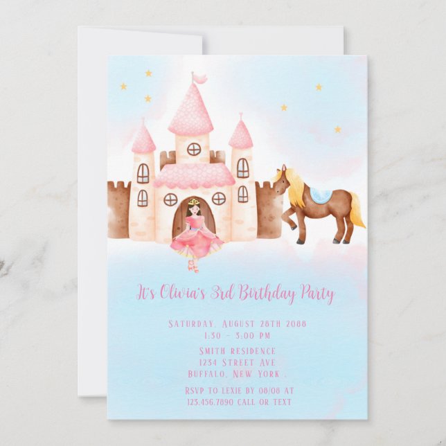 Blue PinkPrincess Castle Horse Födelsedagsfest Inbjudningar (Framsida)