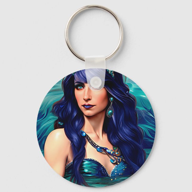 Blue Pisces Sjöjungfru Queen Original Fantasy art Nyckelring (Framsida)