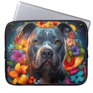 Blue Pitbull-Hund med Blommor Bärbar dator Laptop Fodral