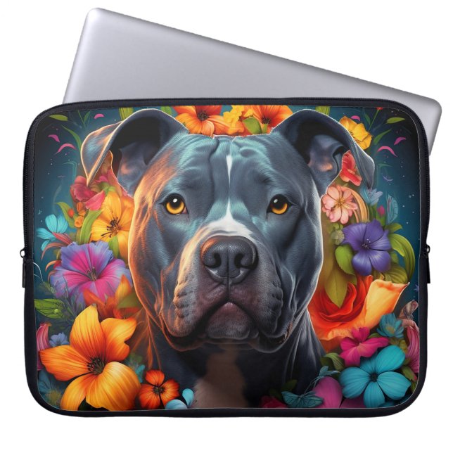 Blue Pitbull-Hund med Blommor Bärbar dator Laptop Fodral (Framsidan)