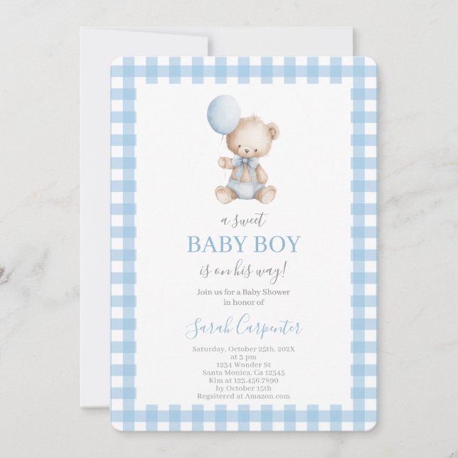 Blue plaid and Bear Baby Shower Boy Inbjudningar (Framsida)