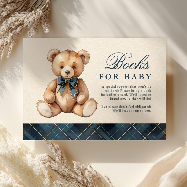 Blue Plaid Bear Baby Shower Books For Baby Tilläggskort (Skapare uppladdad)