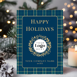 Blue Plaid Business Logo Holiday Thank You Card Julkort