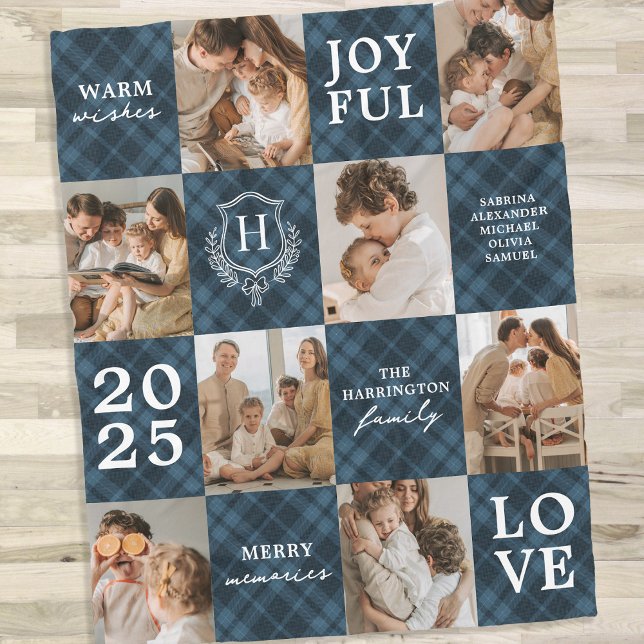 Blue Plaid Family Monogram 8 Photo Christmas Fleecefilt (Skapare uppladdad)