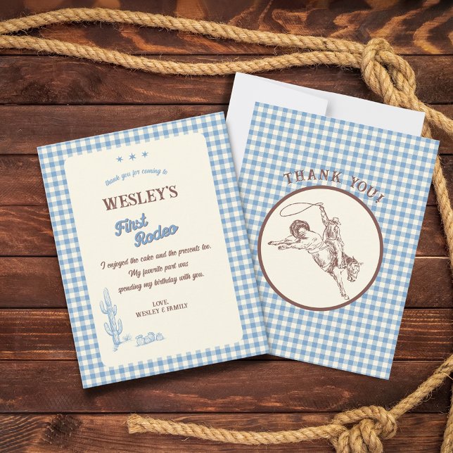 Blue Plaid First Rodeo Western 1st Birthday Tack Kort (Blue Plaid First Rodeo Western 1st Birthday Thank You Card)
