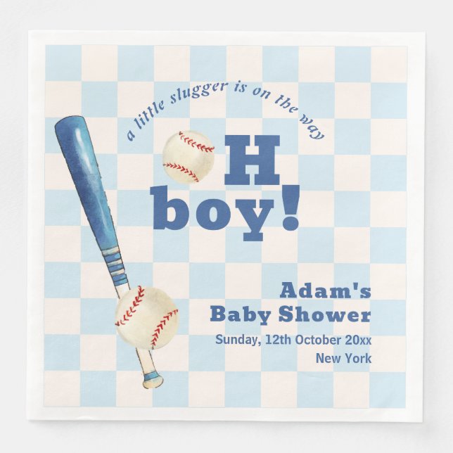 Blue Plaid Little Slugger Baseball Baby Shower  Pappersservett (Framsida)