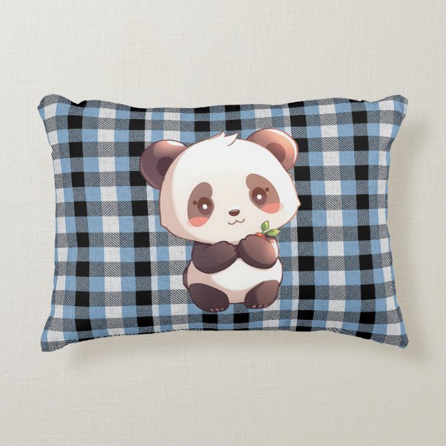 Blue Plaid Panda Accent Pillow Prydnadskudde (Framsidan)