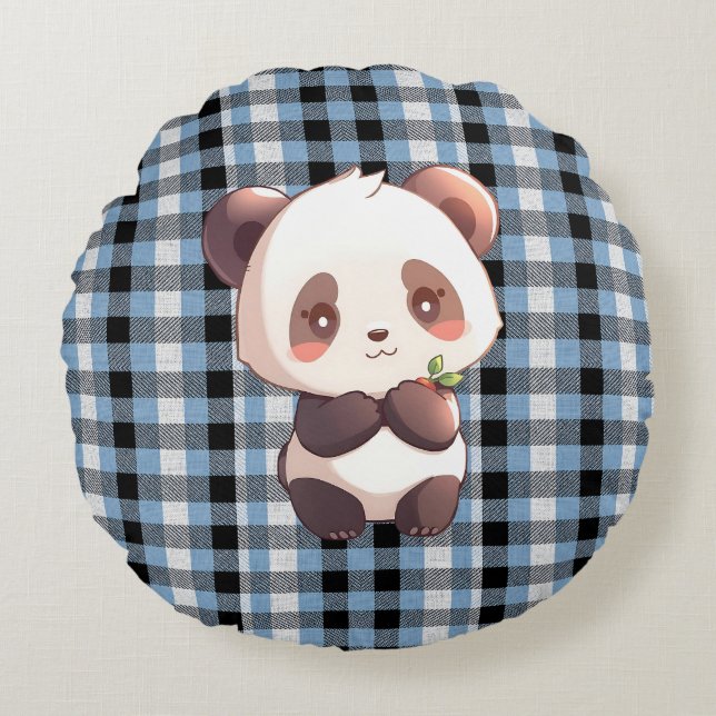 Blue Plaid Panda Throw Pillow Rund Kudde (Framsidan)