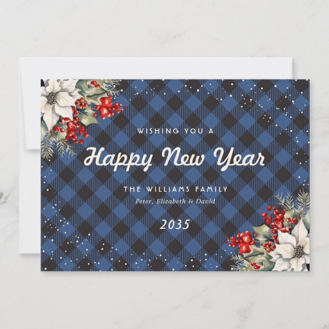 Blue Plaid Snow Botanical New Year Card Julkort (Framsida)