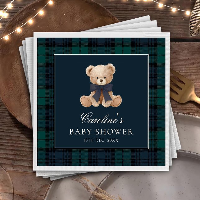Blue Plaid Teddy Bear Baby Shower Napkins Pappersservett (Skapare uppladdad)