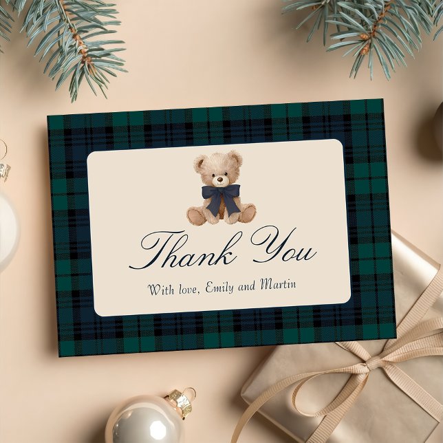 Blue Plaid Teddy Bear Baby Shower Thank You Card Tack Kort (Skapare uppladdad)