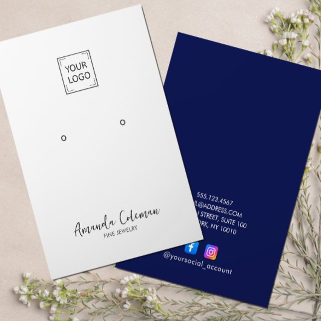 BLUE PLAIN NAMNTECKNING JEWELRY-LOGOTYP VISITKORT ( White & navy blue palette, space for your logo, replaceable Facebook & Instagram icons. Stand out! )