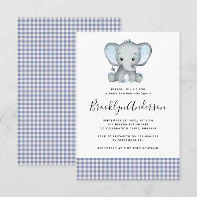 Blue Play Elephant Baby Shower Inbjudningar (Fram/baksida)