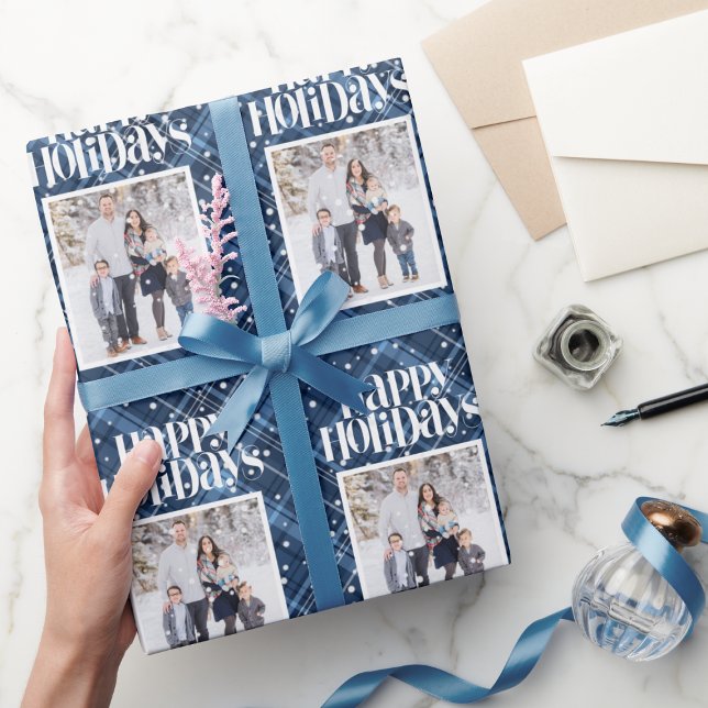 Blue Play Gingham Anpassningsbar Photo jul Helgdag Presentpapper (Skapare uppladdad)