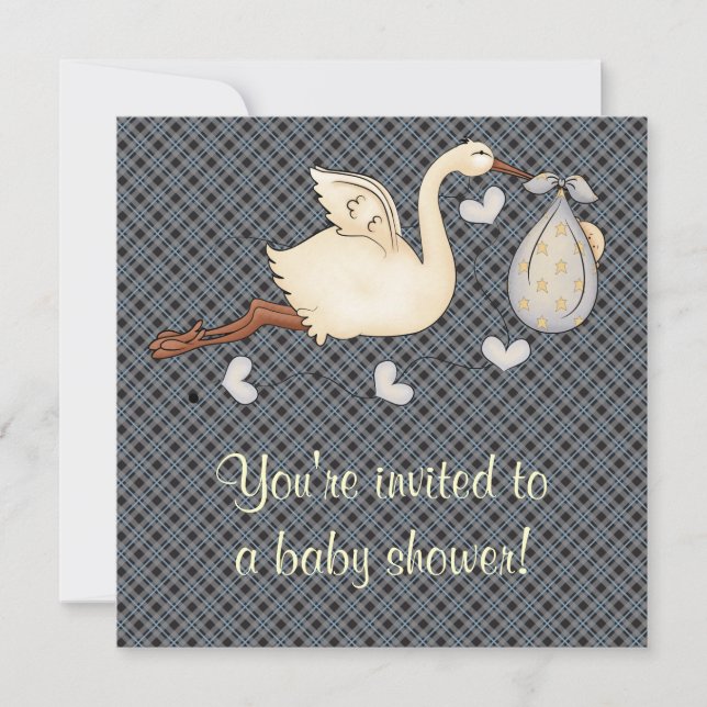 Blue Play Stork Pojke Shower Inbjudningar (Framsida)