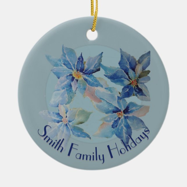 Blue Poinsettias with Your Text Julgransprydnad Keramik (Framsidan)