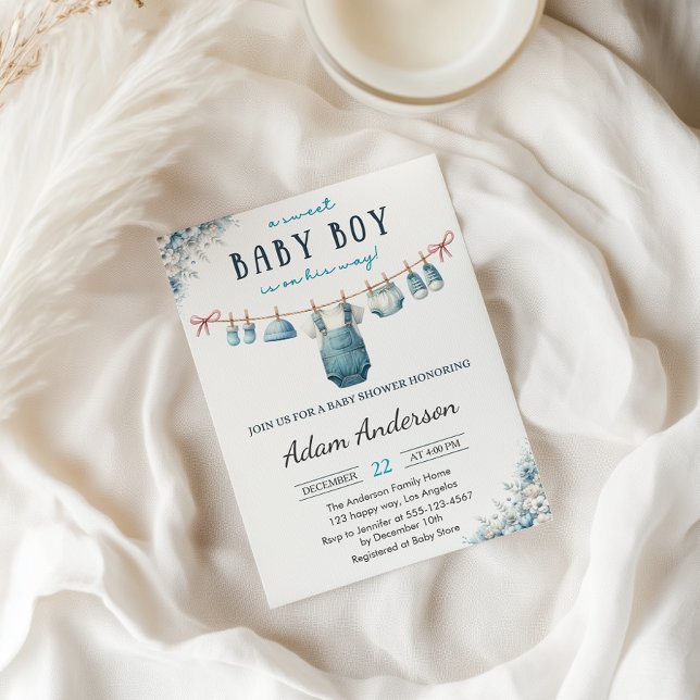 Blue Pojke Clothesline Baby Shower Inbjudningar (Skapare uppladdad)