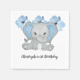Blue Pojke Elephant Flowers Birthday Pappersservett