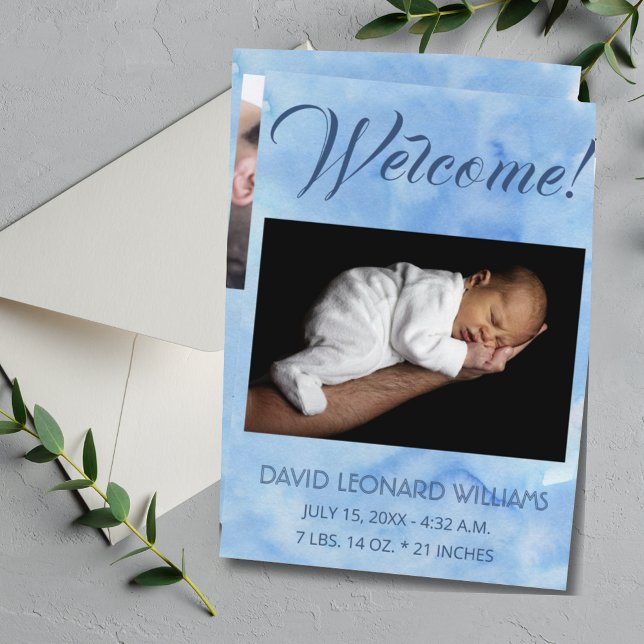 Blue Pojke Photo Birth Announcement Meddelande (Modern Blue Baby Announcement Photo Card)