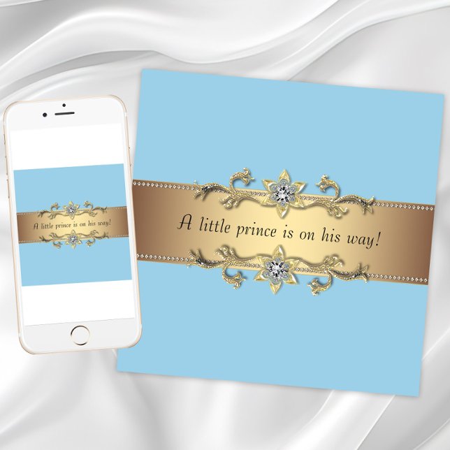 Blue Pojke Prince Shower Inbjudningar (Baby blue gold baby shower invitation. Add your text to the front and back. Download and printed.)