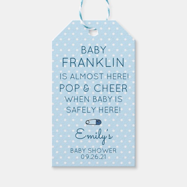 Blue Polka Dot Baby Shower Vin Presentetikett (Framsidan)