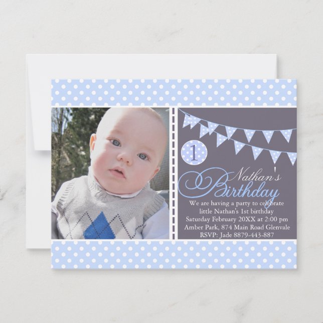 Blue Polka Dot Bunting First Birthday Inbjudan (Framsida)