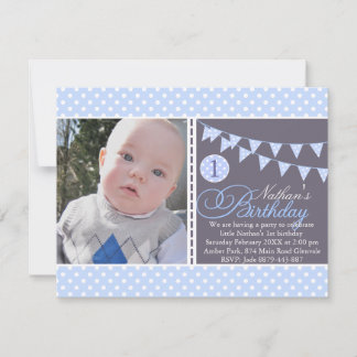 Blue Polka Dot Bunting First Birthday Inbjudan
