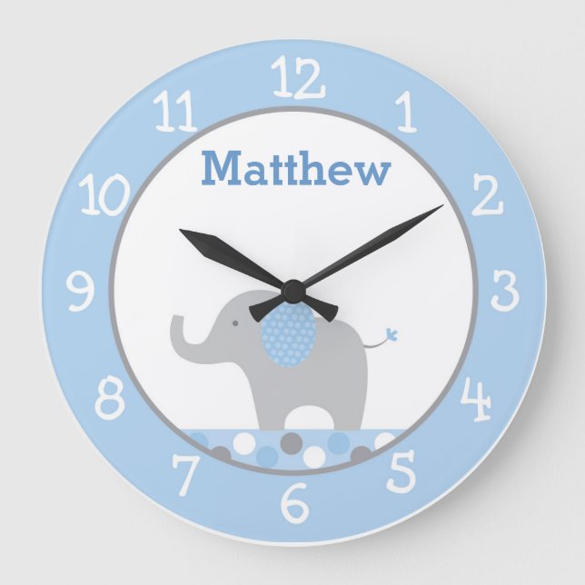 Blue Polka Dot Elephant Nursery Stor Klocka (Framsida)