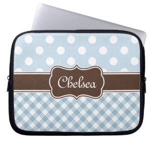 Blue Polka Dot Gingham Mönster Brown Namn Laptop Fodral