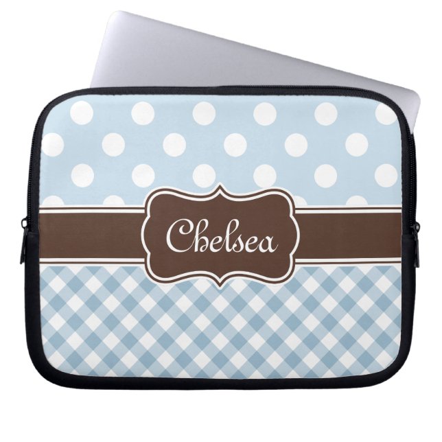 Blue Polka Dot Gingham Mönster Brown Namn Laptop Fodral (Framsidan)