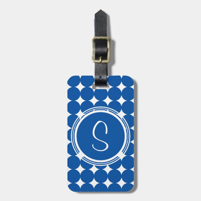 Blue Polka Dot Monogram Bagagebricka (Vertikal Framsida)