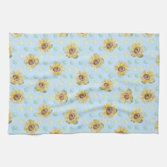 Blue Polka Dot Watercolor Solros Kitchen Towel Kökshandduk (Horisontell)