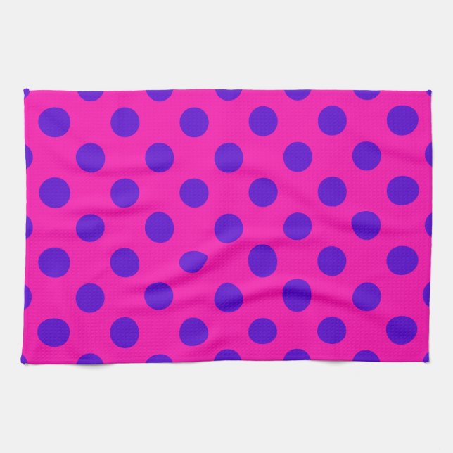 Blue polka dots on fuchsia kökshandduk (Horisontell)