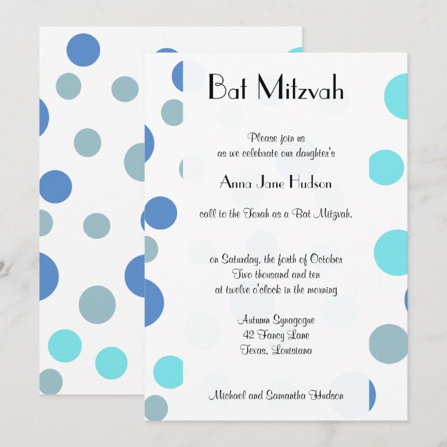 Blue Polka dots, Polka Dot Mönster, Bat mitzvah Inbjudningar (Fram/baksida)