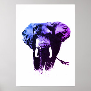 Blue Pop Art Elephant Bläck Paint Poster