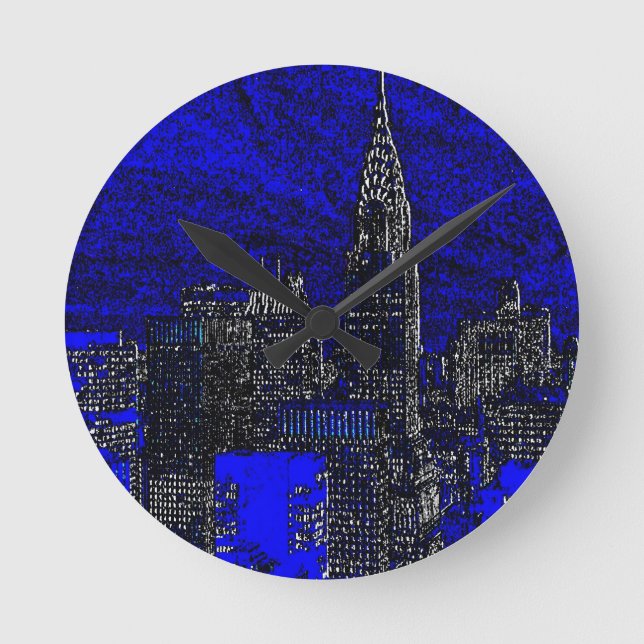 Blue Pop Art New York City Rund Klocka (Framsida)