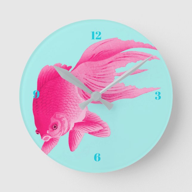Blue Pop Art Rosa Goldfish Modern Rund Klocka (Framsida)