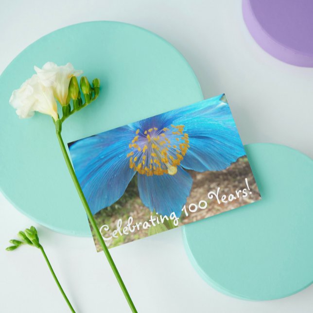 Blue Poppy 100 Years Floral Birthday Kort (In Situ)