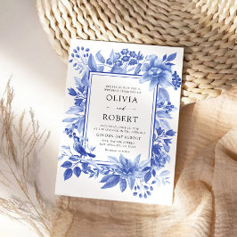 Blue Porcelain Blommigt Chinoiserie Bröllop Inbjudningar