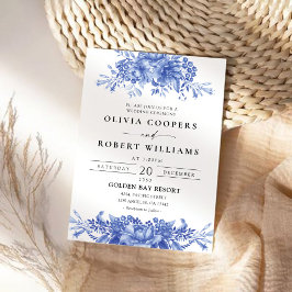 Blue Porcelain Blommigt Chinoiserie Bröllop Inbjudningar