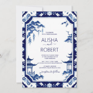 Blue Porcelain Chinoiserie Blommigt Bröllop Inbjudningar