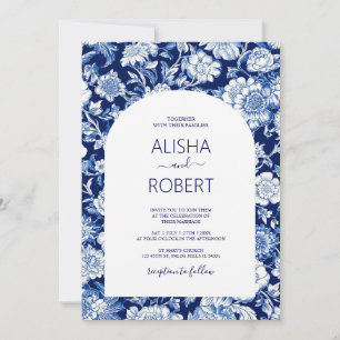 Blue Porcelain Chinoiserie Blommigt Bröllop Inbjudningar