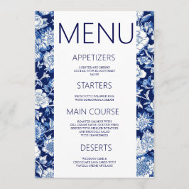 Blue Porcelain Chinoiserie Blommigt Bröllop Menu Meny