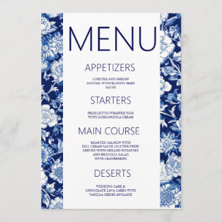 Blue Porcelain Chinoiserie Blommigt Bröllop Menu Meny