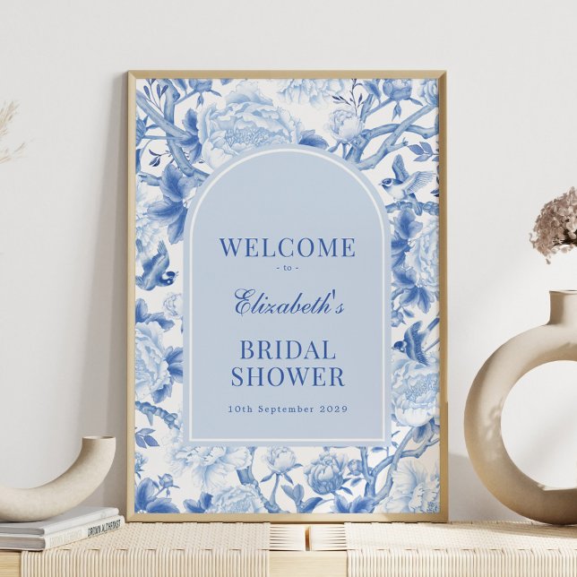 Blue Porcelain Chinoiserie Möhippa Välkommen Poster (Skapare uppladdad)