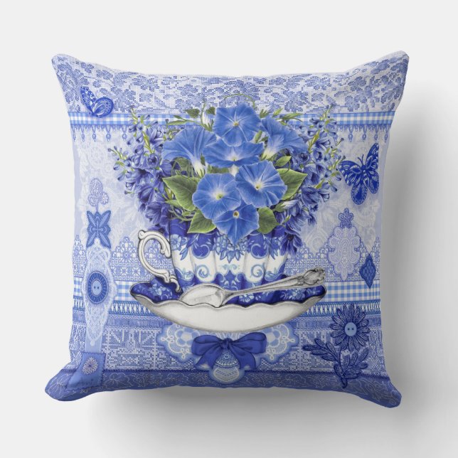 Blue Porcelain Kopp och Flowers Dekorativ kudde (Framsida)